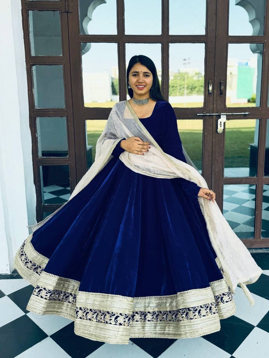 Dark Blue Premium Velvet Anarkali Suit Set