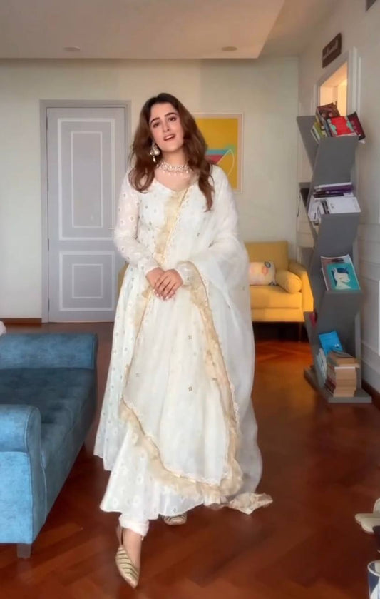 Off White lucknowi Work Designer Anarkali Suit