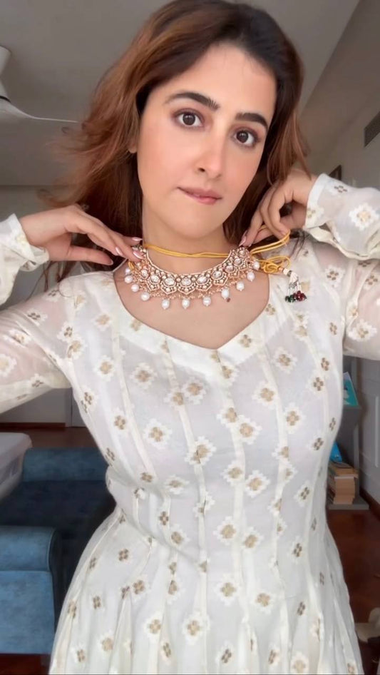 Off White lucknowi Work Designer Anarkali Suit