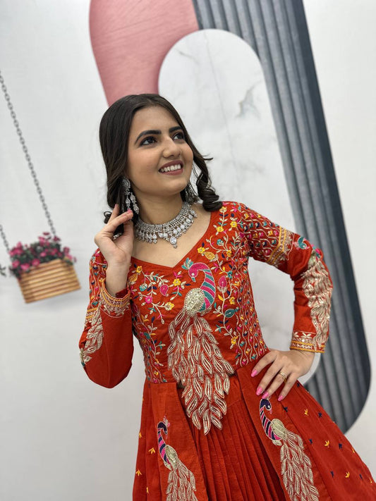 peacock Design Heavy Traditional Crop Top with Shrug (Orange)