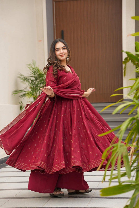 Maroon Colour Cotton Anarkali Suit Set