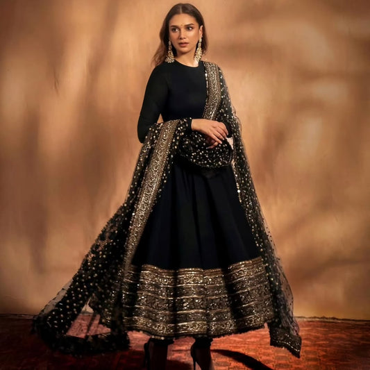 Aditi Rayon Cotton Black Anarkali Suit Set