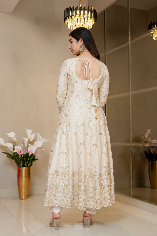 Premium Ivory Royal Zari Work Kali Cut Anarkali Suit Set
