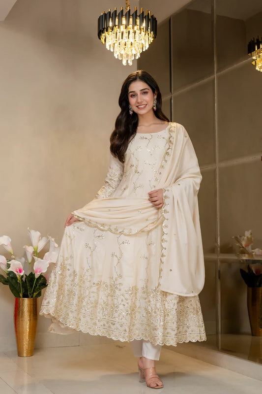 Premium Ivory Royal Zari Work Kali Cut Anarkali Suit Set
