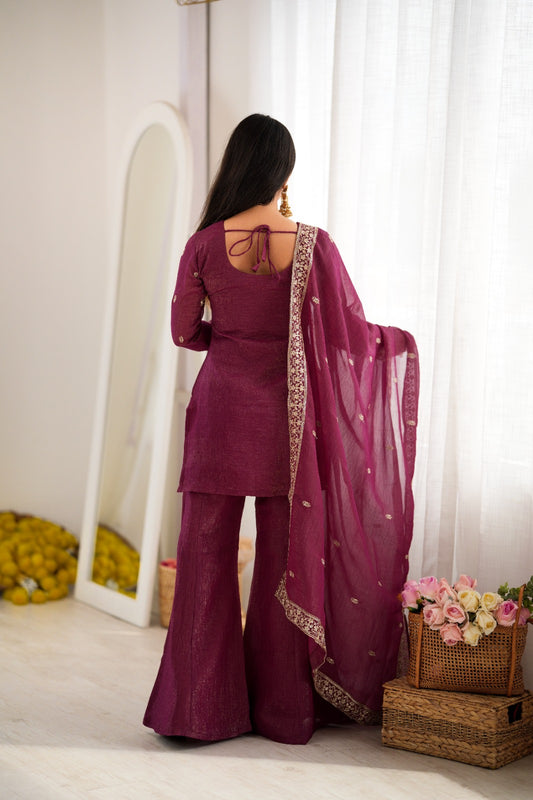 PRESENTING NEW CRUNCHY SILK FABRIC WITH EMBROIDERY SEQUENCE,DORI AND JARI WORK,TOP WITH DUPATTA SET,BELL BOTTOM PENT READY TO WEAR