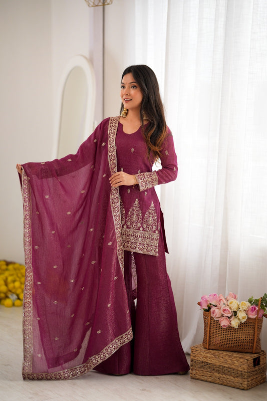 PRESENTING NEW CRUNCHY SILK FABRIC WITH EMBROIDERY SEQUENCE,DORI AND JARI WORK,TOP WITH DUPATTA SET,BELL BOTTOM PENT READY TO WEAR