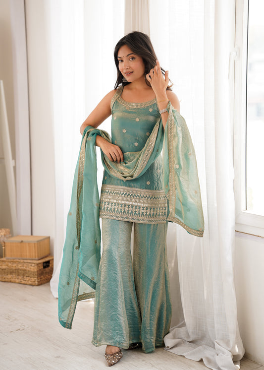 PRESENTING NEW FRENDY SILK FABRIC WITH EMBROIDERY SEQUENCE DORI AND JARI WORK,TOP WITH DUPPTA SET,BELL BOTTOM PENT READY TO WEAR