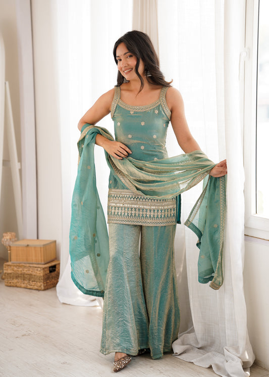 PRESENTING NEW FRENDY SILK FABRIC WITH EMBROIDERY SEQUENCE DORI AND JARI WORK,TOP WITH DUPPTA SET,BELL BOTTOM PENT READY TO WEAR