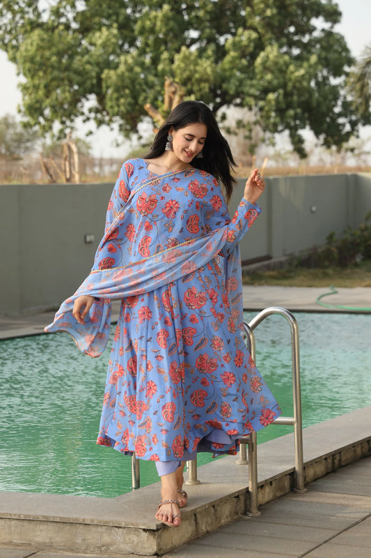 CHANDANI'S SKY BLUE COLOURED ANARKALI SUIT SET