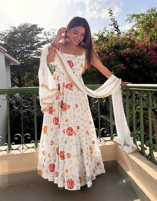 Vlveera White Heavy Silk Anarkali Gown Set with Zari & Sequins Work 6126