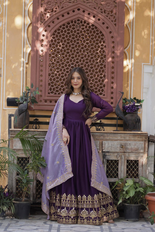 Daisy Purple Designer Embroidered Zari Sequins Work Gown