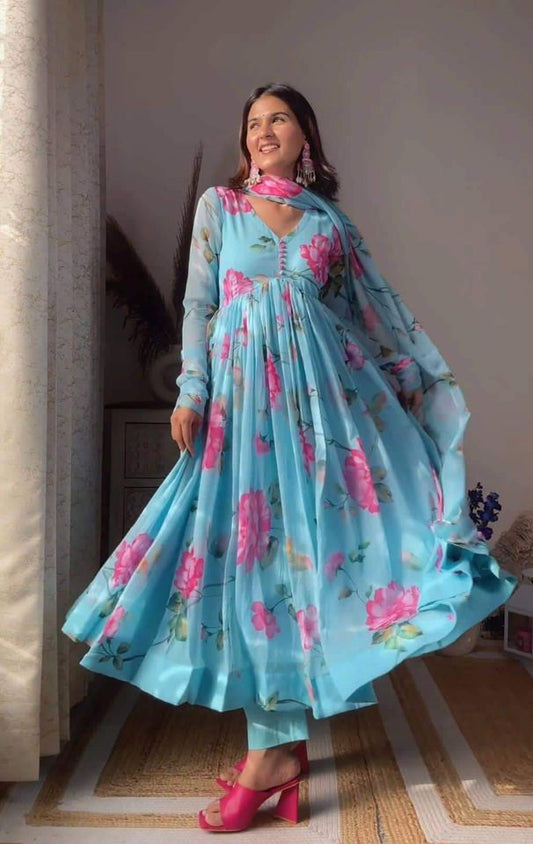 Aniska Sky Blue Floral Print Suit Set