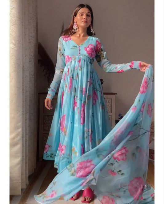 Aniska Sky Blue Floral Print Suit Set
