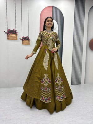 Peacock Design  Heavy Traditional Crop Top with Shrug (Mehendi)