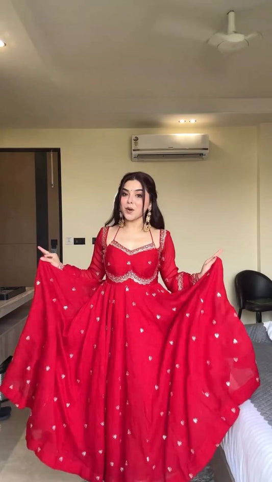 Devara Red And Pink Karwa Special Anarkali Suit Set
