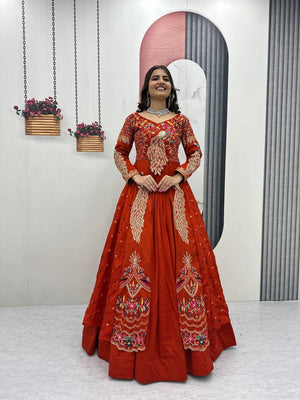 Peacock Design Heavy Traditional Crop Top with Shrug (Orange)
