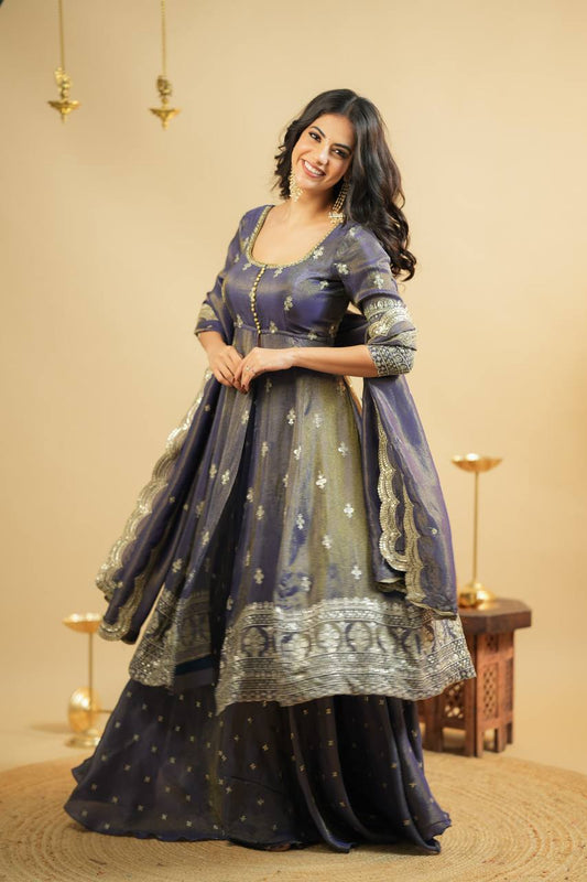 Sakhi Grey Cosmo Slik Anarkali Suit With Skirt