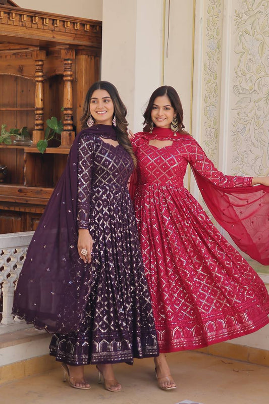 RANI & WINE EMBROIDERED GEORGETTE ANARKALI SUIT SET