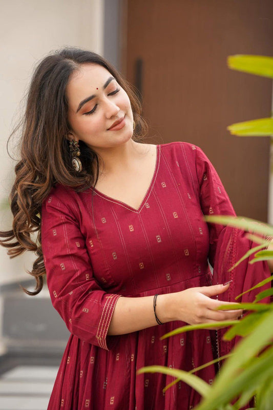 Maroon Colour Cotton Anarkali Suit Set