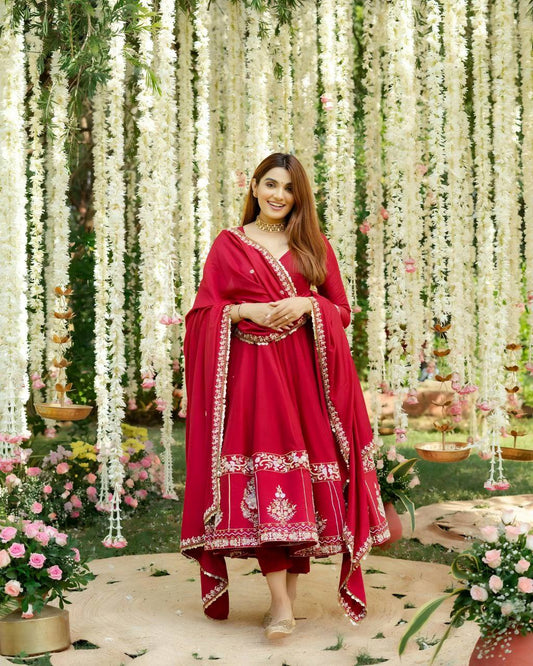 Red Roman silk Anarkali Suit Set