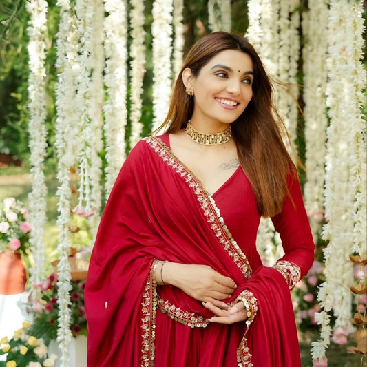 Red Roman silk Anarkali Suit Set
