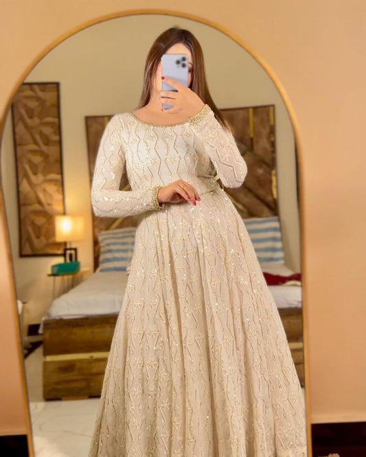 Zoya White Embroidery Zari Sequins-work Anarkali Suit Set