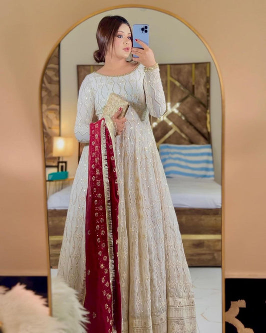 Zoya White Embroidery Zari Sequins-work Anarkali Suit Set
