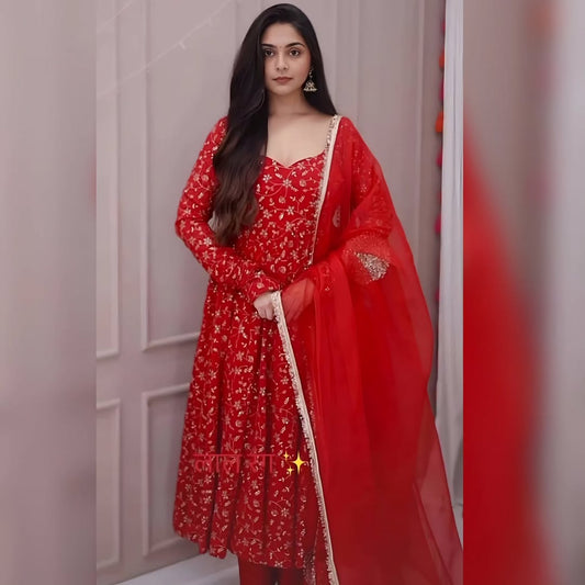 Mocha Red Colour Premium Anarkali Suit Set