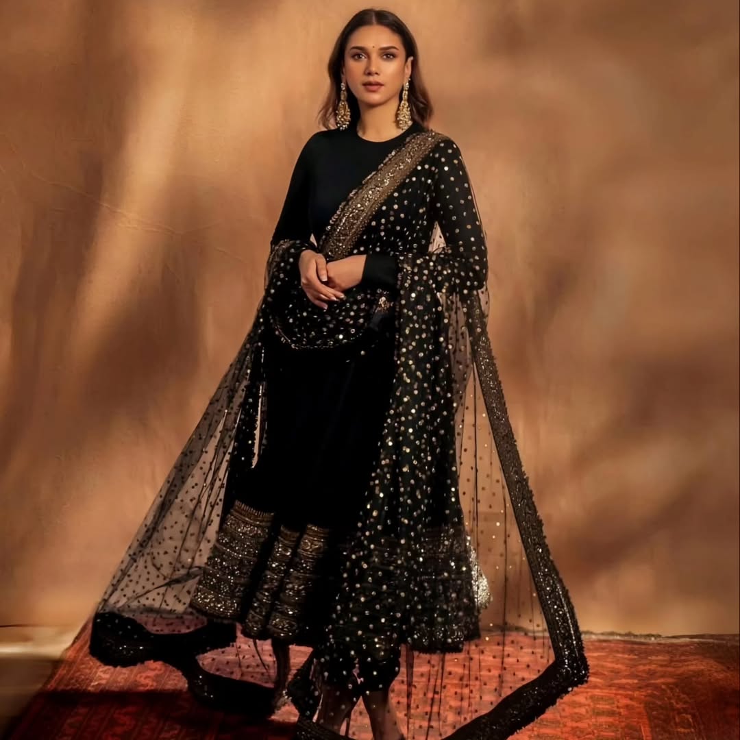 Aditi Rayon Cotton Black Anarkali Suit Set
