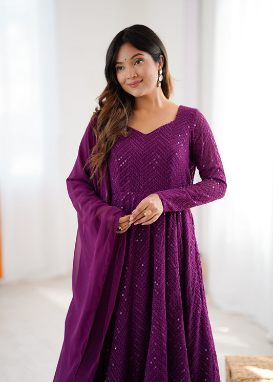 Wine Lukhnowi Designer Anarkali Suit with Pant and Dupatta