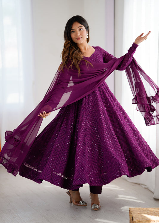 Wine Lukhnowi Designer Anarkali Suit with Pant and Dupatta