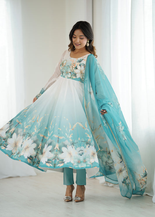 Piyu Aqua Blue Anarkali Suit Set