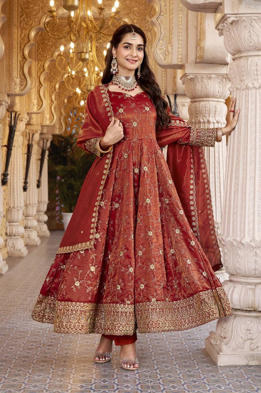 Premium Rust Embroidered Anarkali Suit Set