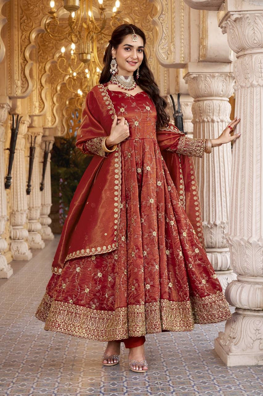 Premium Rust Embroidered Anarkali Suit Set