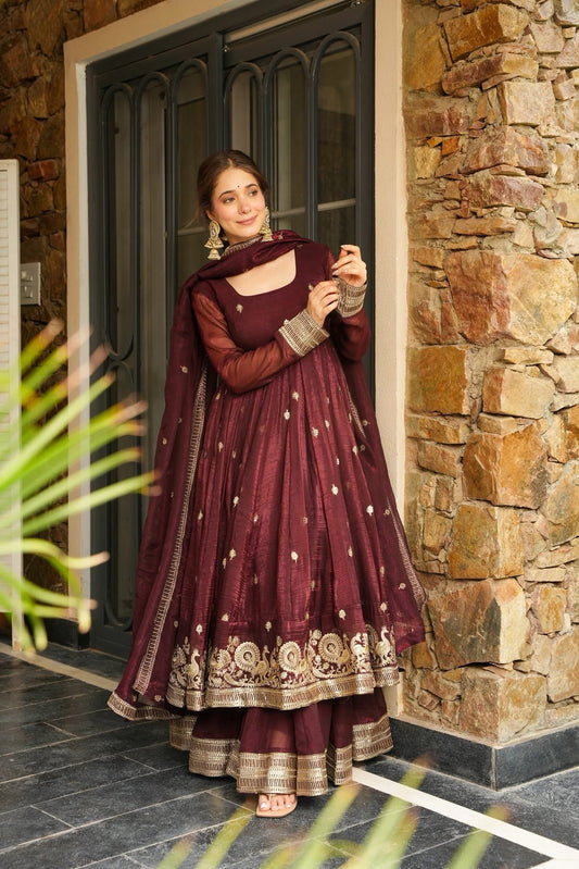 Twinkle Maroon Silk Premium Anarkali Suit Set