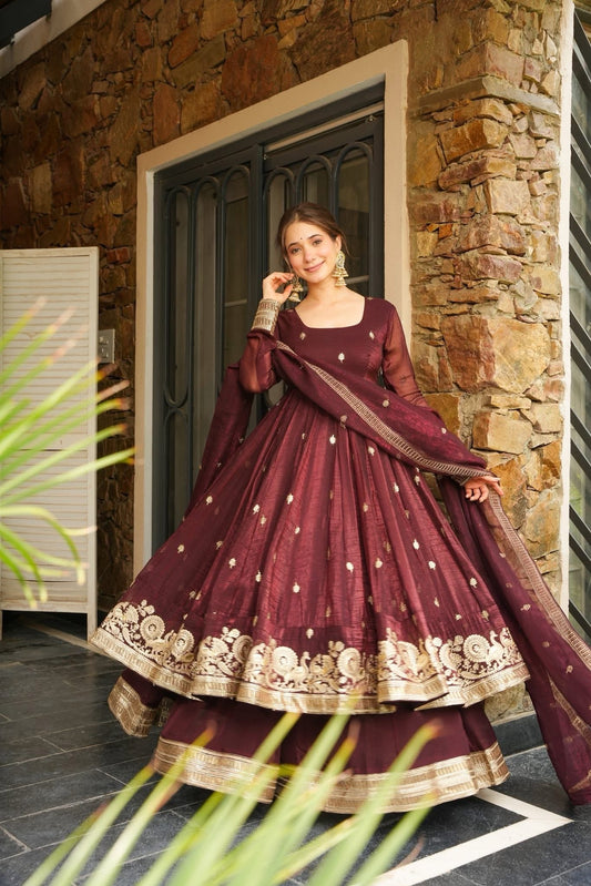 Twinkle Maroon Silk Premium Anarkali Suit Set