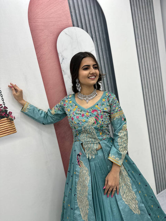 Peacock Design Heavy Traditional Crop Top with Shrug (Sky Blue)