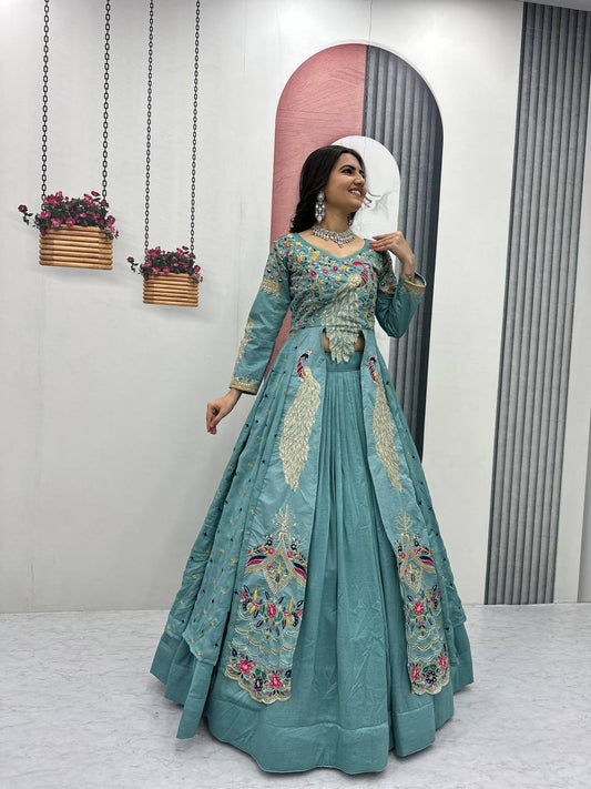Peacock Design Heavy Traditional Crop Top with Shrug (Sky Blue)