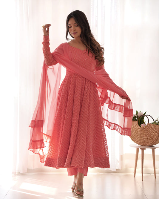 Orange  Lukhnowi Sequence Work Kurta Set