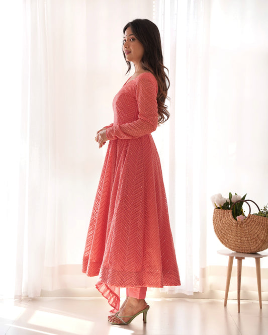 Orange  Lukhnowi Sequence Work Kurta Set