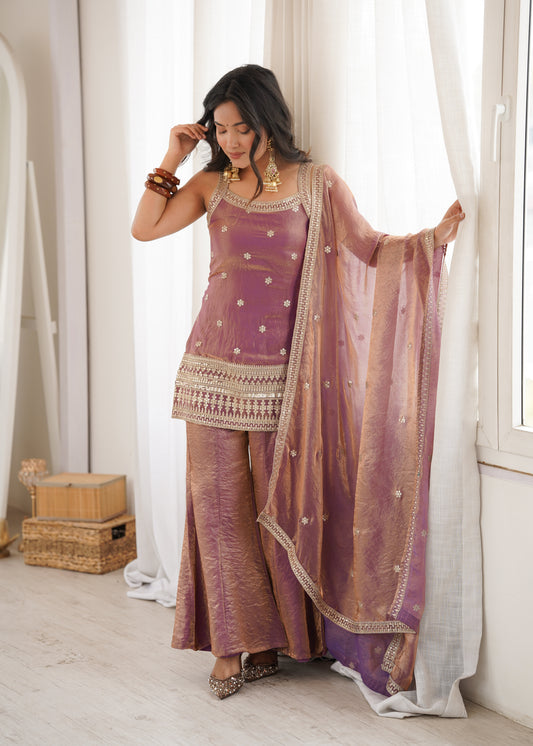 PRESENTING NEW FRENDY SILK FABRIC WITH EMBROIDERY SEQUENCE DORI AND JARI WORK,TOP WITH DUPPTA SET,BELL BOTTOM PENT READY TO WEAR