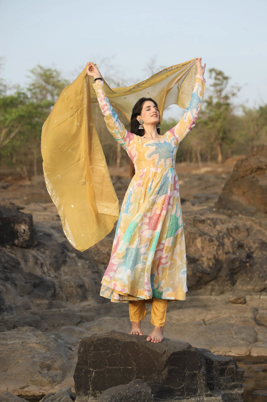 MULTI COLOURED HAND PRINT ANARKALI SUIT SET