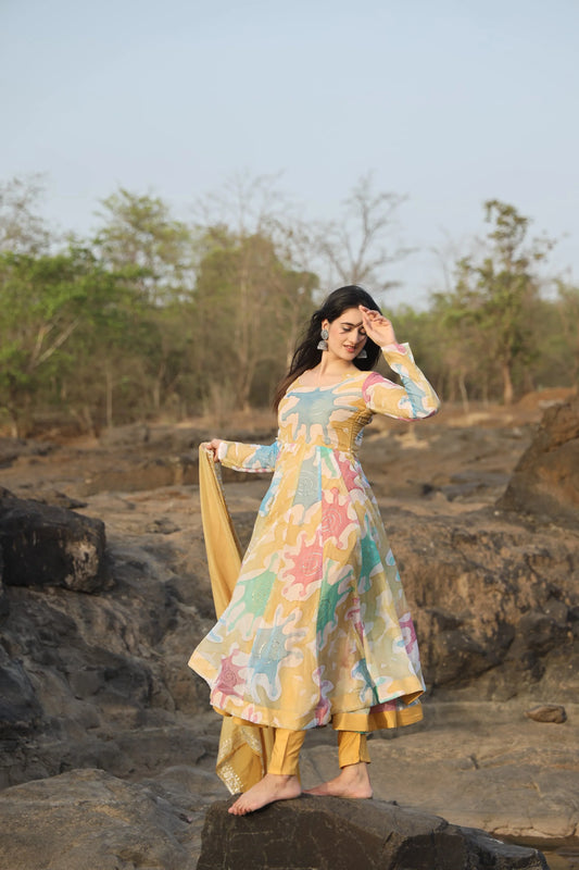 MULTI COLOURED HAND PRINT ANARKALI SUIT SET