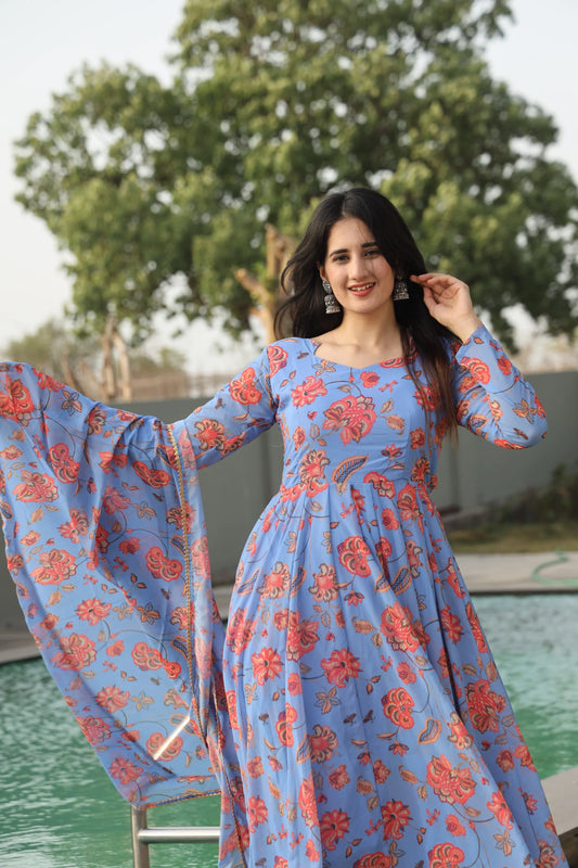 CHANDANI'S SKY BLUE COLOURED ANARKALI SUIT SET