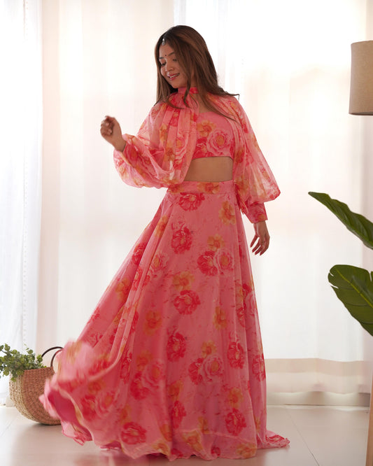 Baby Pink Floral Organza Choli