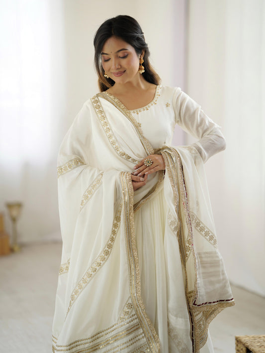 Noor White Colored Premium Anarkali Suit Set