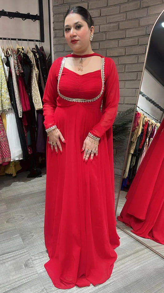 Red Karwa Chauth Anarkali Premium Suit Set