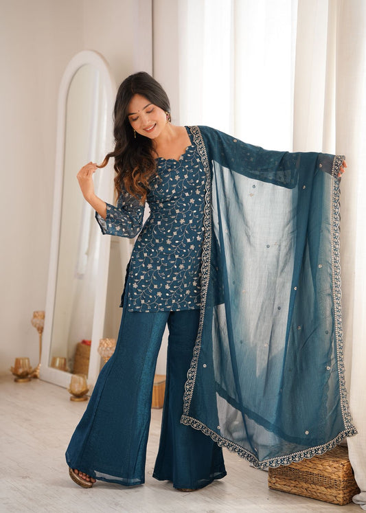 PRESENTING NEW CRUNCHY SILK FABRIC WITH EMBROIDERY SEQUENCE AND JARI WORK,TOP WITH DUPPTA SET,BELL BOTTOM PENT READY TO WEAR  KB-300 TEALBLUE OFFWHITE,WINE
