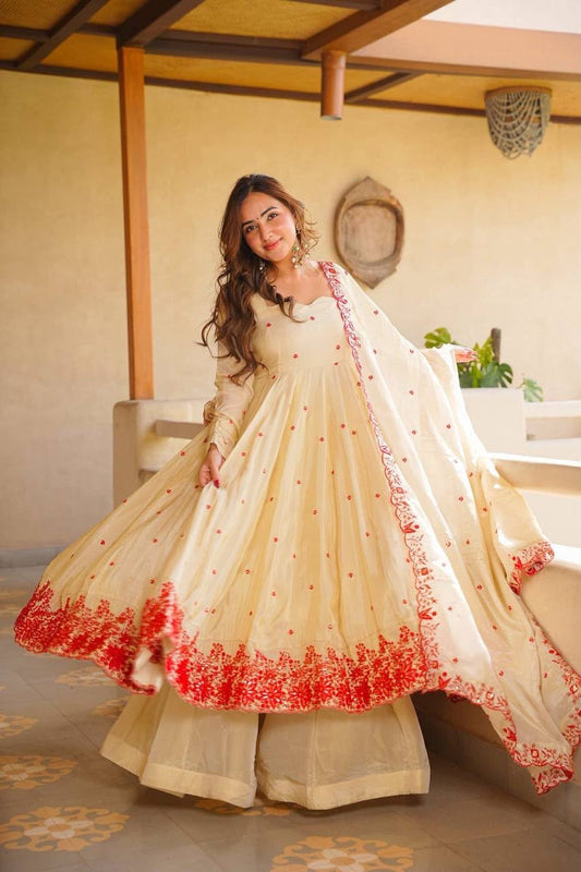 Avira's Elegant Ivory Base with Red Floral Detailing Anarkali Suit Set 6129