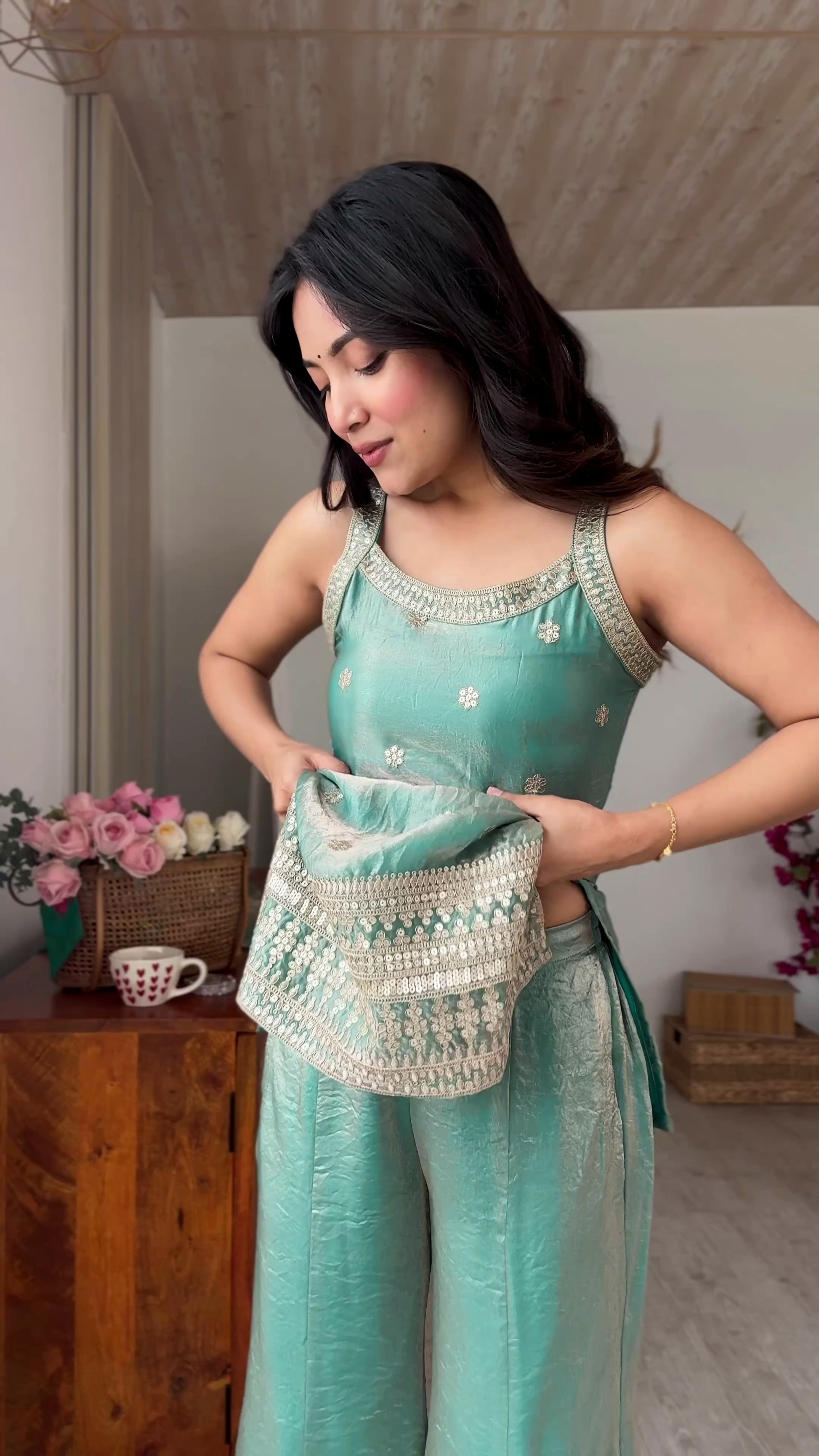 PRESENTING NEW FRENDY SILK FABRIC WITH EMBROIDERY SEQUENCE DORI AND JARI WORK,TOP WITH DUPPTA SET,BELL BOTTOM PENT READY TO WEAR